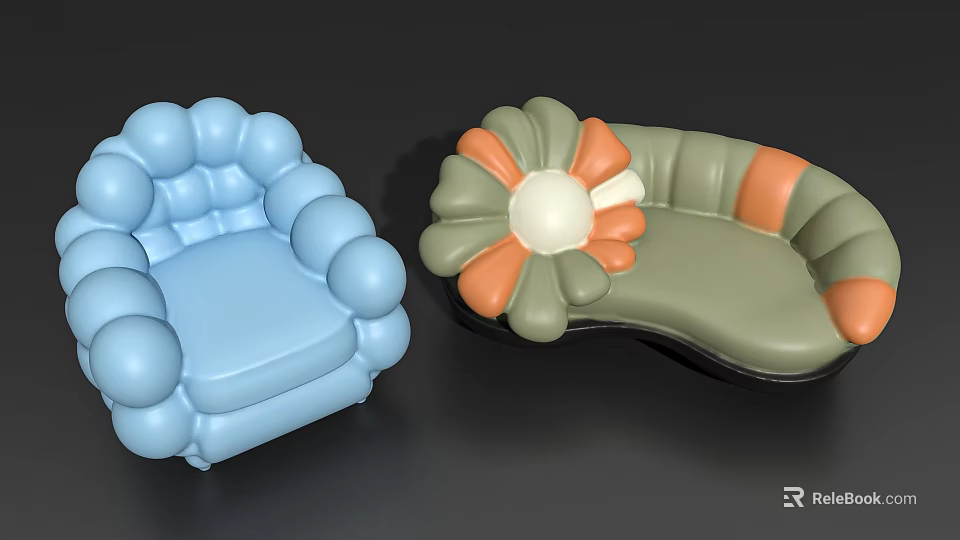 Blue Bubble Shaped And Green Orange Floral Back Unique Chairs Design 3d model 