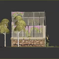 Glass Greenhouse Building with Pink Accents Vines Brick Base near Hay Bales Sunflowers in Grass