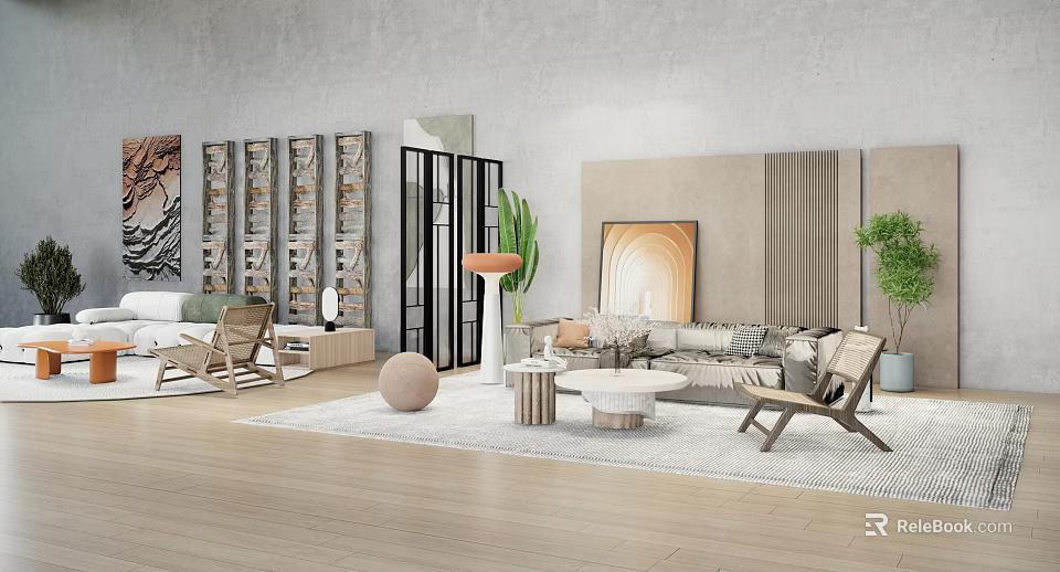 Modern Minimalist Living Room Sofa And Coffee Table Set With Wooden Floor Green Plants And Decorative Pillows 3d model 