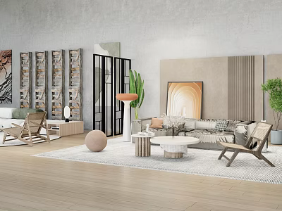 Modern Minimalist Living Room Sofa And Coffee Table Set With Wooden Floor Green Plants And Decorative Pillows 3d model