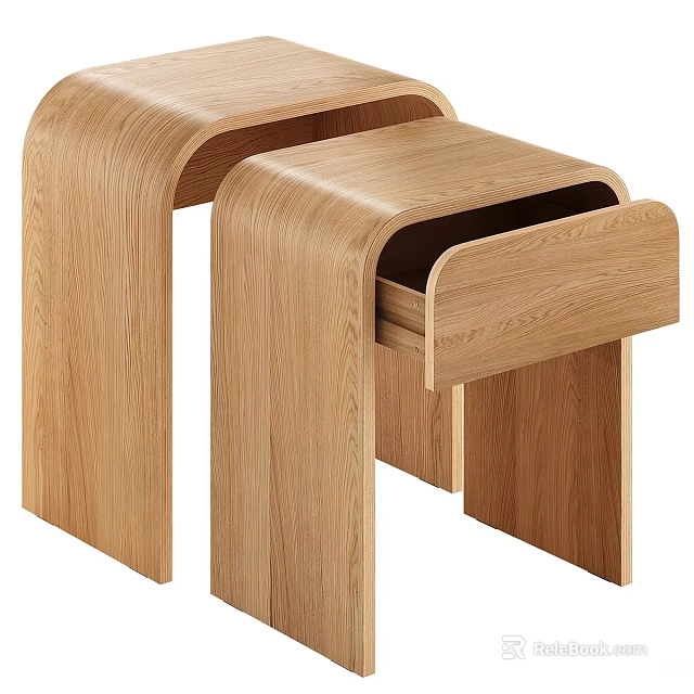 Modern Oak Wood Bedside Tables With Minimalist Design And Open Drawer 3d model 
