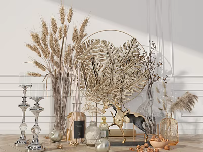 Natural Wheat Leaf Shaped Decorative Ornament Set With Candle Holders Vases And Deer Figurine 3d model