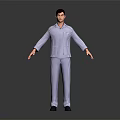Man in Blue and White Striped Pajamas with Arms Outstretched Against Dark Background
