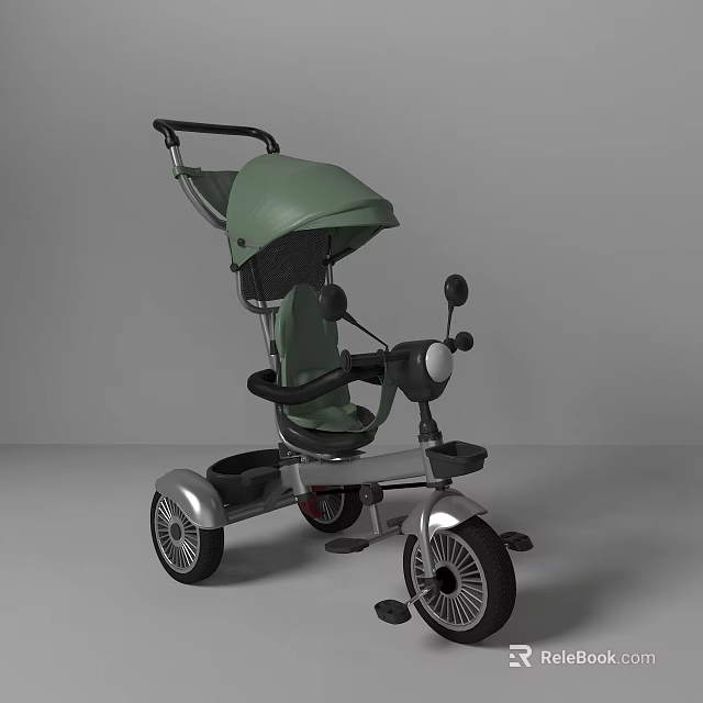 Stylish Green Children's Tricycle With Canopy Comfortable Seat And Silver Wheels 3d model 