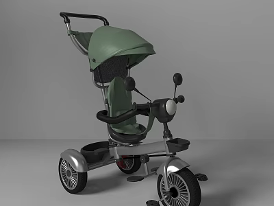 Stylish Green Children's Tricycle With Canopy Comfortable Seat And Silver Wheels 3d model