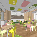 Kindergarten Interior With Colorful Ceiling Wooden Walls Geometric Stickers And Cushioned Seating