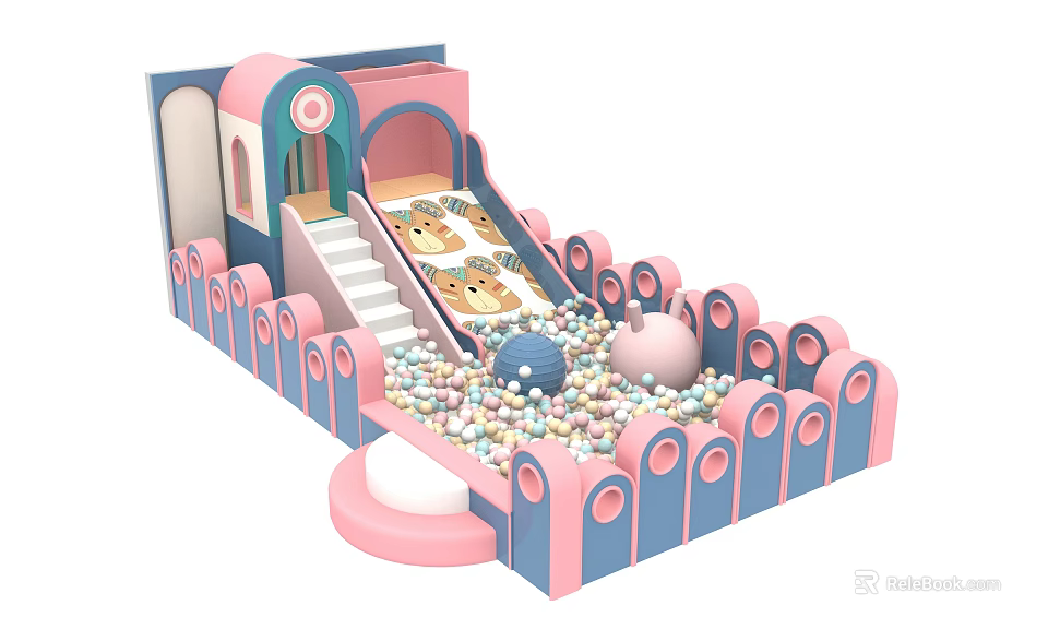 Kids Playground With Slide Steps Ball Pit Pink And Blue Enclosure And Colorful Balls 3d model 