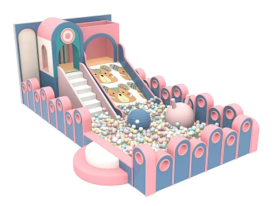 Kids Playground With Slide Steps Ball Pit Pink And Blue Enclosure And Colorful Balls 3d model