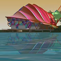 Colorful Wavy Pergola With Purple Pink Blue Stripes And Water Reflection