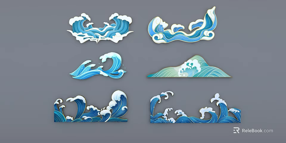 Artistic Blue And White Wave Pattern Wall Decor With Green Mountain Design Elements And White Accents 3d model