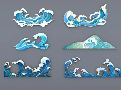 Artistic Blue And White Wave Pattern Wall Decor With Green Mountain Design Elements And White Accents 3d model