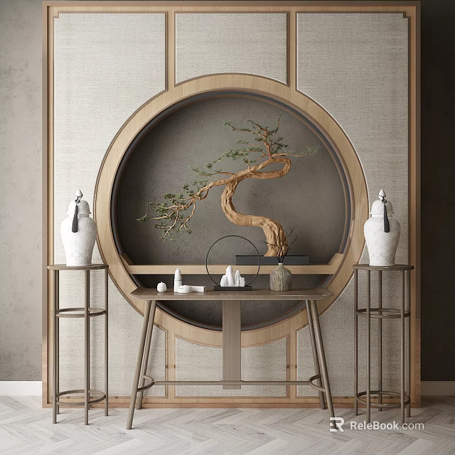 Chinese Style Console Table With Circular Backdrop Bonsai Tree And White Vases 3d model 