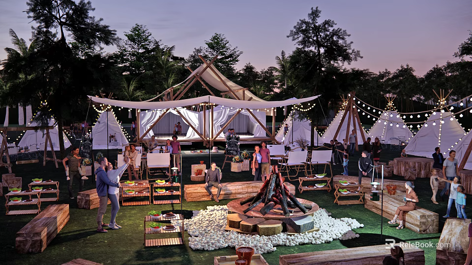 Luxury Glamping Site With Canvas Tents Bonfire String Lights And Outdoor Gathering 3d model 
