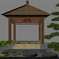 Charming Garden Ornaments With Wooden Pavilion Tiled Roof Pine Tree And Lily Pad Pond
