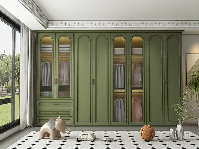 Green Wardrobe with Glass Doors in Room Featuring Black and White Checkered Rug and Decor 3d model