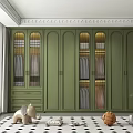 Green Wardrobe with Glass Doors in Room Featuring Black and White Checkered Rug and Decor