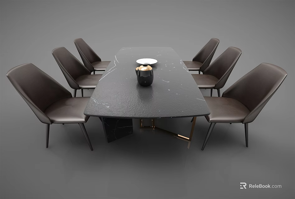 Modern Dark Marble Dining Table Set with Six Brown Leather Chairs and Decorative Vase 3d model 