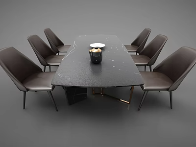 Modern Dark Marble Dining Table Set with Six Brown Leather Chairs and Decorative Vase 3d model