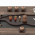 Modern Copper Tea Set With Wooden Tray Teapot And Teacups On Tabletop