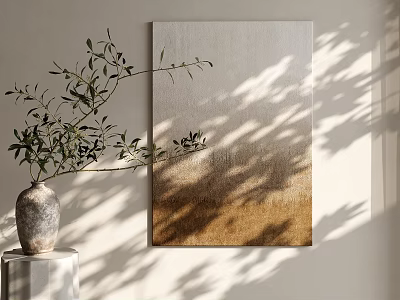 Abstract Painting With Neutral Gradient Tones On Light Colored Wall With Olive Branch Shadow 3d model