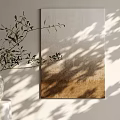 Abstract Painting With Neutral Gradient Tones On Light Colored Wall With Olive Branch Shadow
