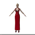 Woman In Long Red Dress With V Neck Design Standing On White Background