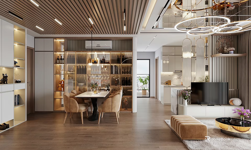 Modern Dining Living Room Interior with Wine Cabinet TV Cabinet Table Chairs and Pendant Lights 3d model 