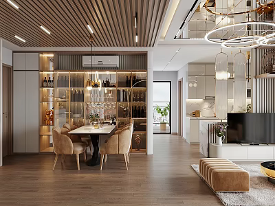 Modern Dining Living Room Interior with Wine Cabinet TV Cabinet Table Chairs and Pendant Lights 3d model