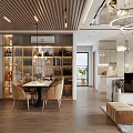 Modern Dining Living Room Interior with Wine Cabinet TV Cabinet Table Chairs and Pendant Lights