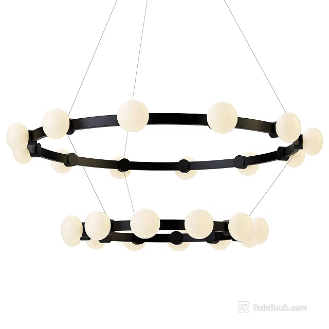 Modern Double Ring Chandelier With Black Frame And White Spherical Bulbs 3d model 