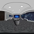 Modern Tech Exhibition Hall With Large World Map Digital Screen Multiple Monitors And Round Podiums 3d model