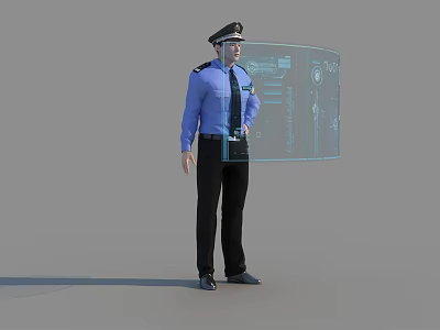 A Man in Blue Uniform and Cap Standing with Transparent Display Screen 3d model