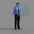 A Man in Blue Uniform and Cap Standing with Transparent Display Screen 3d model