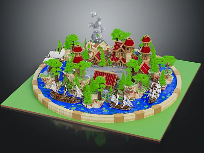 Red Roofed Castle Building Model On Circular Base With Water Area Green Trees And Decorative Statues 3d model