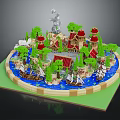 Red Roofed Castle Building Model On Circular Base With Water Area Green Trees And Decorative Statues