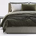 Modern Double Bed With Olive Green Velvet Bedding White Pillows And Wooden Side Table