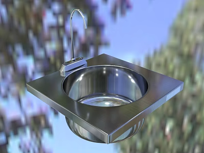 Stainless Steel Kitchen Sink With Modern Faucet And Square Design 3d model
