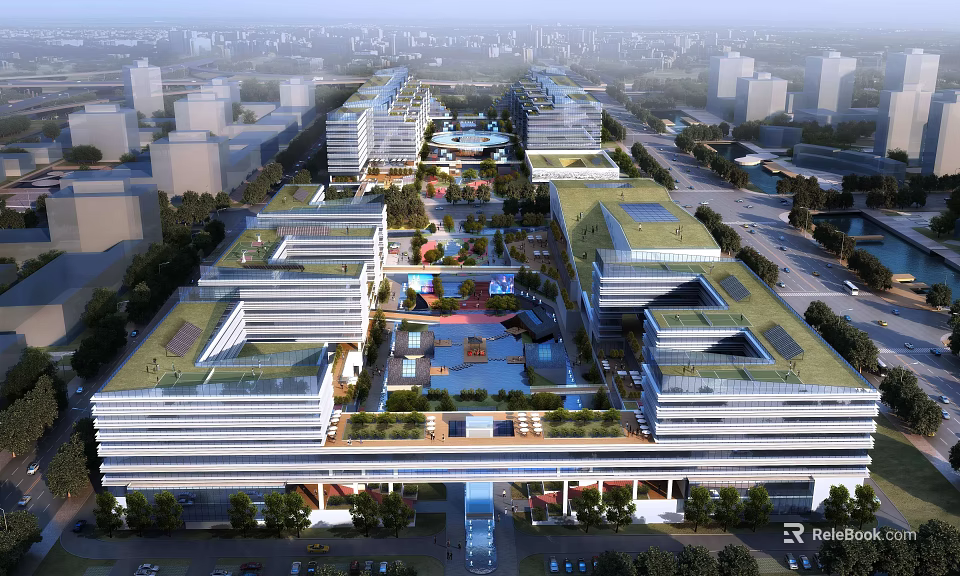 Modern Industrial Factory Complex With Multiple Buildings Green Roofs And Central Landscape Area 3d model 