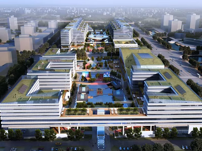 Modern Industrial Factory Complex With Multiple Buildings Green Roofs And Central Landscape Area 3d model