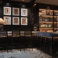 Elegant Dark Decor Bar Interior With Wall Art Bar Counter Wine Shelves And Pendant Lights