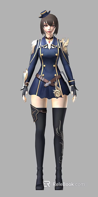 Navy Blue Fantasy Woman Outfit With Gold Buttons Brown Belt And Black Boots 3d model 