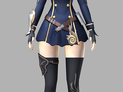 Navy Blue Fantasy Woman Outfit With Gold Buttons Brown Belt And Black Boots 3d model