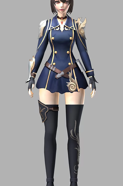 Navy Blue Fantasy Woman Outfit With Gold Buttons Brown Belt And Black Boots 3d model
