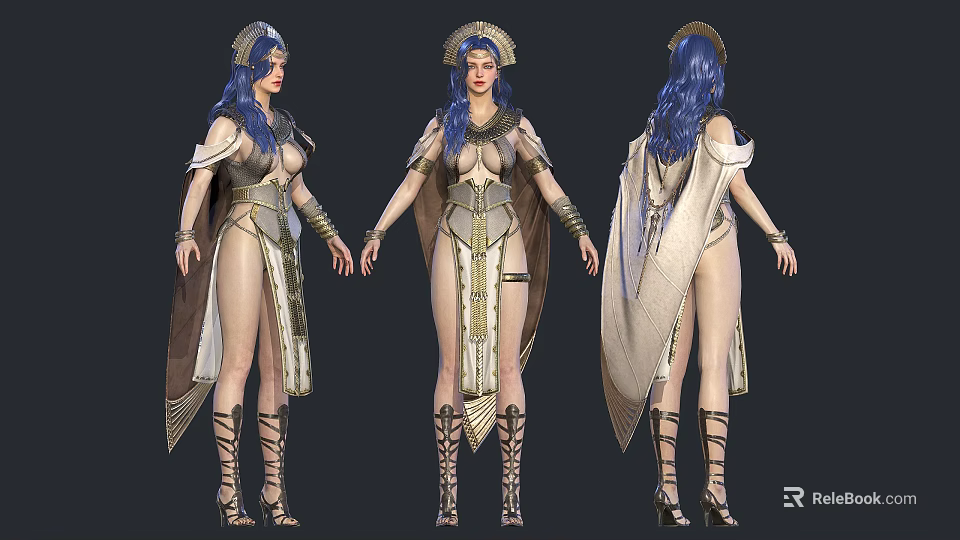 Woman with long blue hair wearing golden decorated outfit and cloak tall boots fantasy character 3d model 