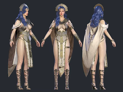 Woman with long blue hair wearing golden decorated outfit and cloak tall boots fantasy character 3d model
