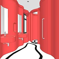 Modern Red Public Restroom With Curved Walls Double Sinks Mirrors And Black White Floor