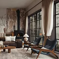 Cozy Living Room Interior With Brown Sofa Stone Fireplace Gramophone Piano And Wooden Coffee Table