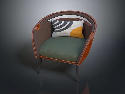 Stylish Leisure Chair With Rattan Frame Green Cushion Geometric Pattern Pillow And Metal Legs 3d model