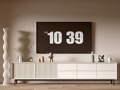 Modern White TV Stand Design With Decorative Vases Small Decor Items And Wavy Floor Lamp 3d model