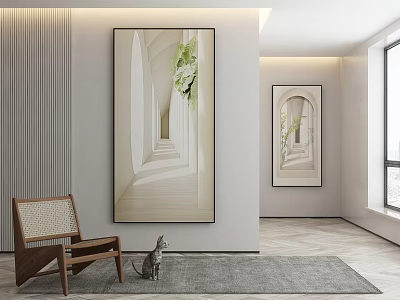 Minimalist Interior Scene With Large Painting Wooden Chair Gray Rug And Small Dog Ornament 3d model